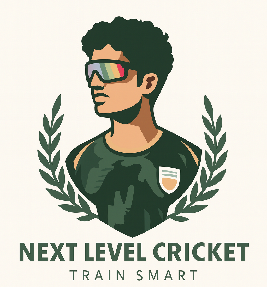 Next Level Cricket logo with a batsman and laurels